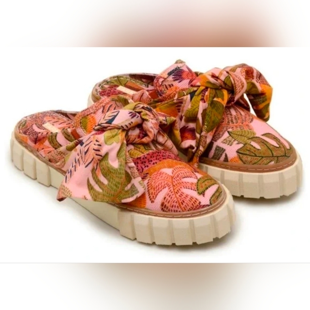 NWT Farm Rio Birds & Bananas Pink Tropical Platform Bow Mule Slip-On Sneakers, 7